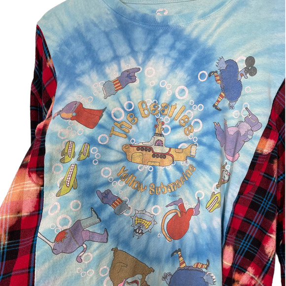 Custom Rework Beatles Bleached Plaid Flannel Sleeve Top M/L Oversized Cropped - Picture 3 of 4
